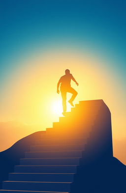 A person climbing a set of stairs that ascends towards a bright horizon, representing success and personal growth