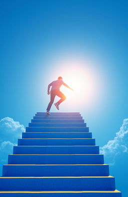 A person climbing a set of stairs that ascends towards a bright horizon, representing success and personal growth