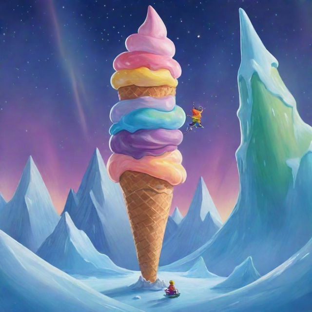 In a cartoon style, a joyous child is riding a massive, colorful ice cream cone, soaring amidst the majestic icy peaks, shimmering northern lights and polar wildlife of the Arctic.