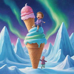 In a cartoon style, a joyous child is riding a massive, colorful ice cream cone, soaring amidst the majestic icy peaks, shimmering northern lights and polar wildlife of the Arctic.