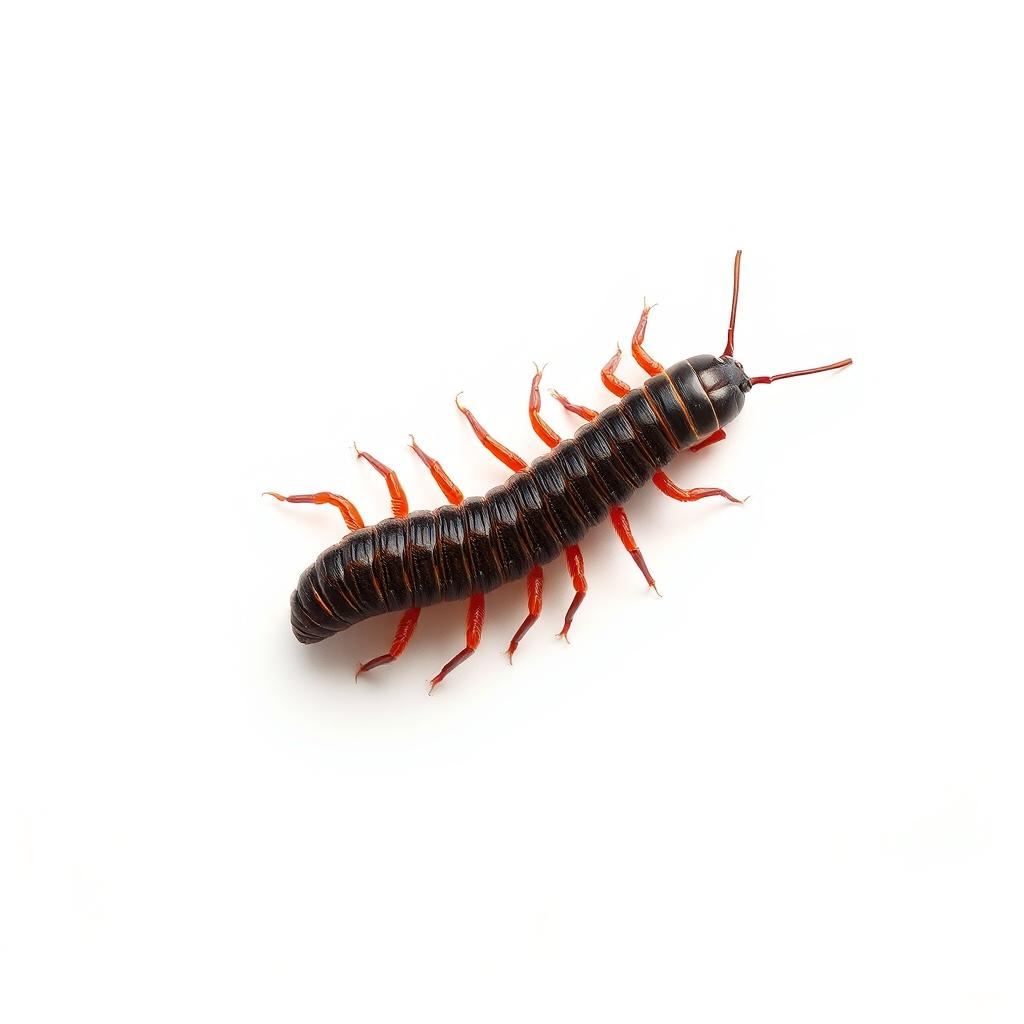 A long, detailed centipede crawling across a stark white blank canvas, showcasing its many legs with intricate textures and patterns, vibrant colors highlighting its segmented body