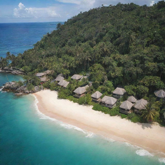 A vibrant tropical island teeming with life. Among the lush palm trees and golden sandy beaches, clusters of huts are visible, where the island's residents live, creating a warm, bustling community against the backdrop of the sparkling blue ocean.