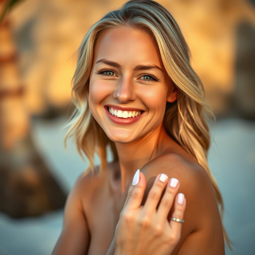 A beautiful nude blonde woman with a vibrant smile, gracefully posed to highlight her feet