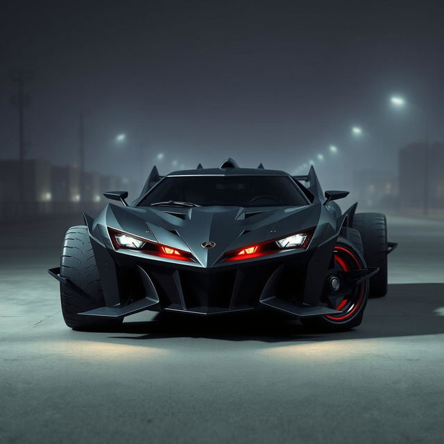 A menacing-looking car design, featuring sharp angles and aggressive lines, with a dark matte finish