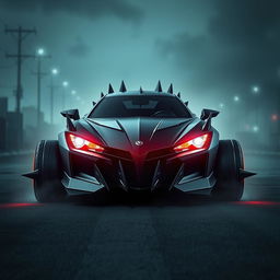 A menacing-looking car design, featuring sharp angles and aggressive lines, with a dark matte finish