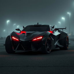 A menacing-looking car design, featuring sharp angles and aggressive lines, with a dark matte finish