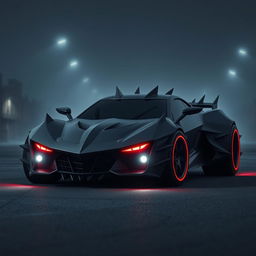 A menacing-looking car design, featuring sharp angles and aggressive lines, with a dark matte finish