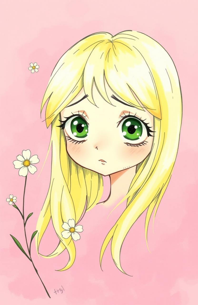 A drawing of a blonde girl with large green eyes looking overwhelmed by her thoughts, set against a pink background