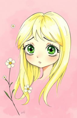 A drawing of a blonde girl with large green eyes looking overwhelmed by her thoughts, set against a pink background