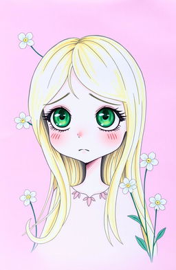 A drawing of a blonde girl with large green eyes looking overwhelmed by her thoughts, set against a pink background