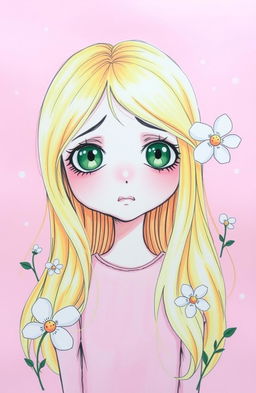 A drawing of a blonde girl with large green eyes looking overwhelmed by her thoughts, set against a pink background