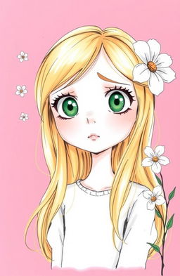 A drawing of a blonde girl with large green eyes looking overwhelmed by her thoughts, set against a pink background