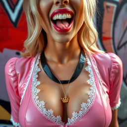 A close-up shot of a stunning blonde woman wearing a pink latex dress with white lace trim