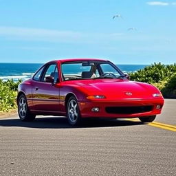 A beautifully styled 1994 Mazda car, showcasing its classic curves and distinctive features, with a vibrant red color shining under the sunlight