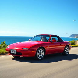 A beautifully styled 1994 Mazda car, showcasing its classic curves and distinctive features, with a vibrant red color shining under the sunlight