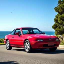 A beautifully styled 1994 Mazda car, showcasing its classic curves and distinctive features, with a vibrant red color shining under the sunlight