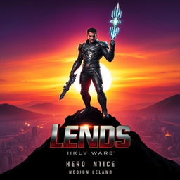 A striking movie poster design featuring a powerful hero standing in a dramatic pose on a mountain peak at sunset, with a vibrant orange and purple sky in the background