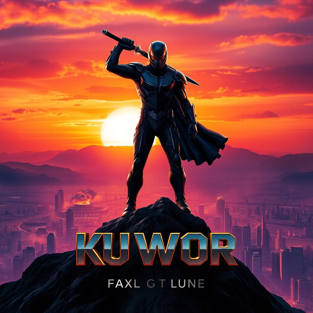 A striking movie poster design featuring a powerful hero standing in a dramatic pose on a mountain peak at sunset, with a vibrant orange and purple sky in the background