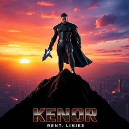 A striking movie poster design featuring a powerful hero standing in a dramatic pose on a mountain peak at sunset, with a vibrant orange and purple sky in the background