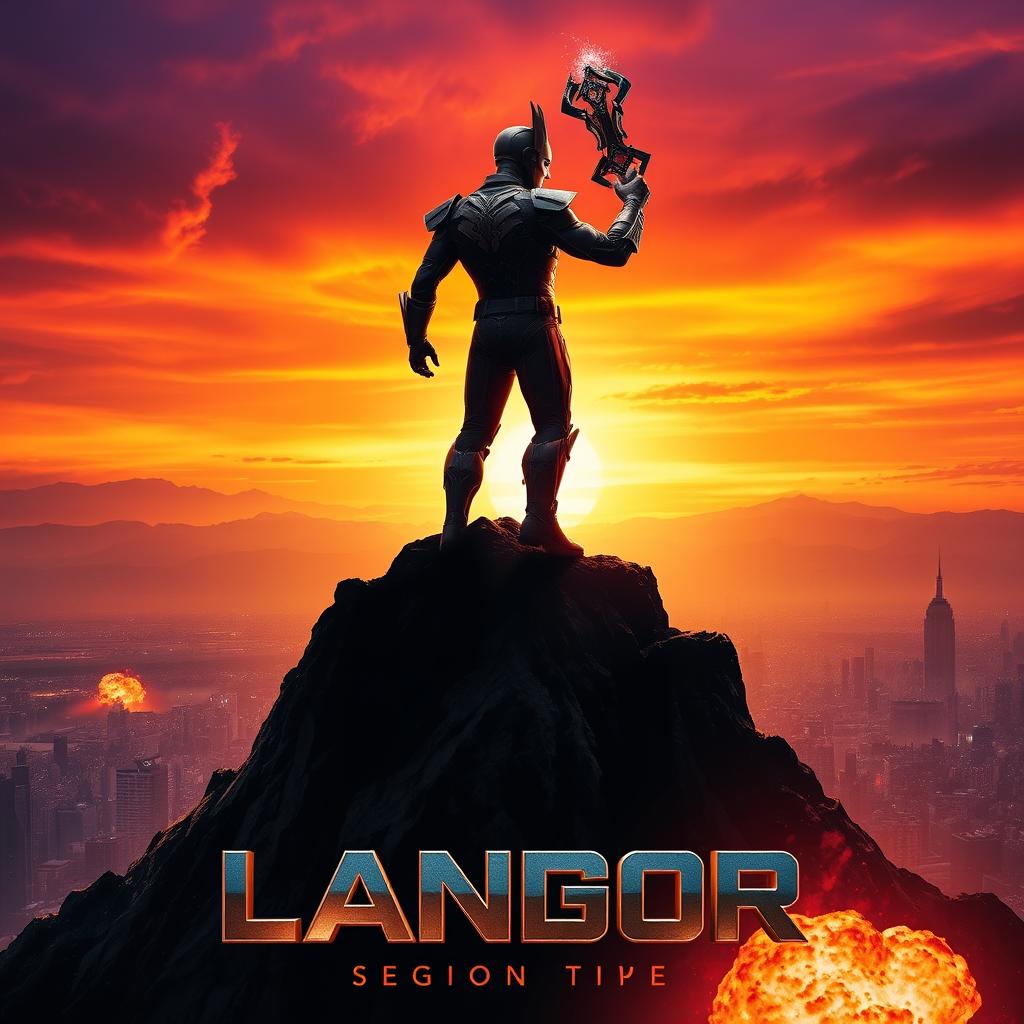 A striking movie poster design featuring a powerful hero standing in a dramatic pose on a mountain peak at sunset, with a vibrant orange and purple sky in the background