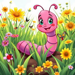 A vibrant and colorful cartoon depiction of a worm, characterized by its long, segmented body and cheerful expression