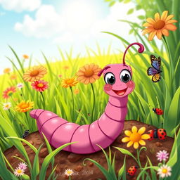 A vibrant and colorful cartoon depiction of a worm, characterized by its long, segmented body and cheerful expression