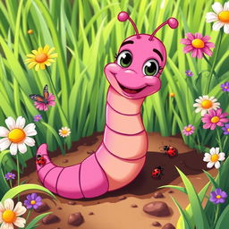 A vibrant and colorful cartoon depiction of a worm, characterized by its long, segmented body and cheerful expression