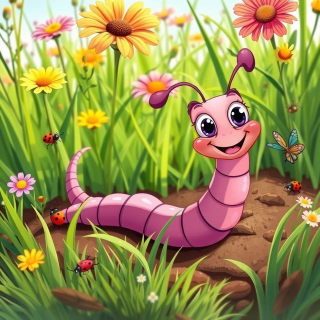 A vibrant and colorful cartoon depiction of a worm, characterized by its long, segmented body and cheerful expression