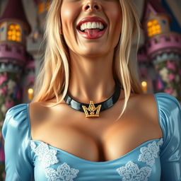 A close-up shot focusing on the torso of a stunning blonde woman dressed in a tight-fitting light blue latex dress adorned with white lace trim