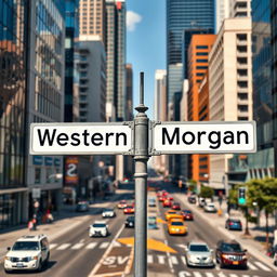 A full view of a street intersection sign set against a vibrant city environment