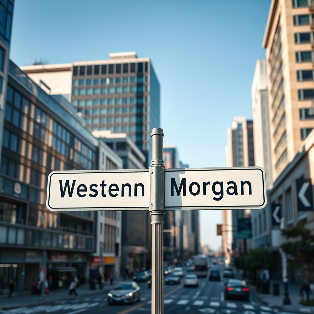 A full view of a street intersection sign set against a vibrant city environment