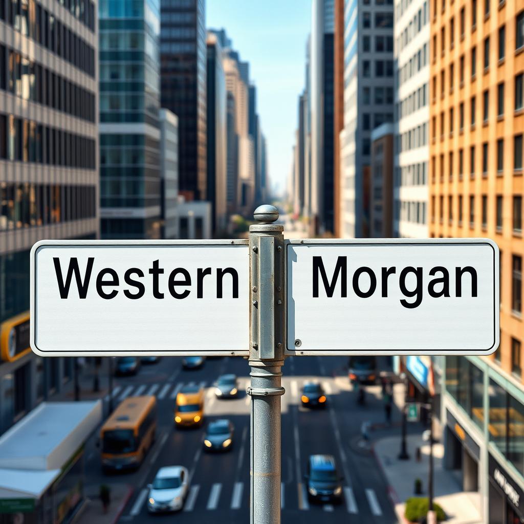 A full view of a street intersection sign set against a vibrant city environment