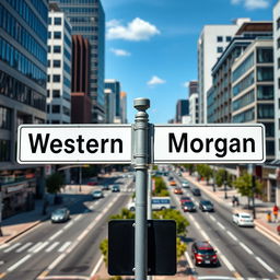 A full view of a street intersection sign set against a vibrant city environment