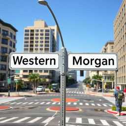 A full view of a street intersection sign prominently displayed in an urban setting