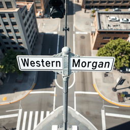 A full view of a street intersection sign prominently displayed in an urban setting