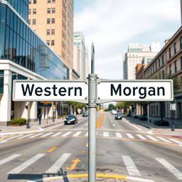 A full view of a street intersection sign prominently displayed in an urban setting