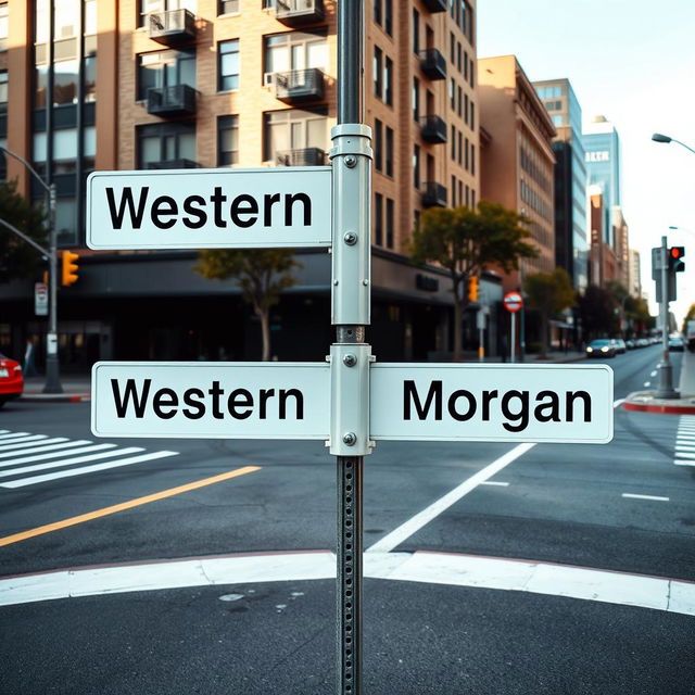 A full view of a street intersection sign prominently displayed in an urban setting