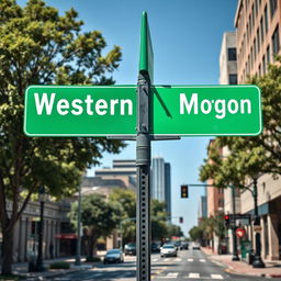 A full view of a green street intersection sign prominently displayed in an urban setting