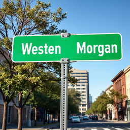 A full view of a green street intersection sign prominently displayed in an urban setting