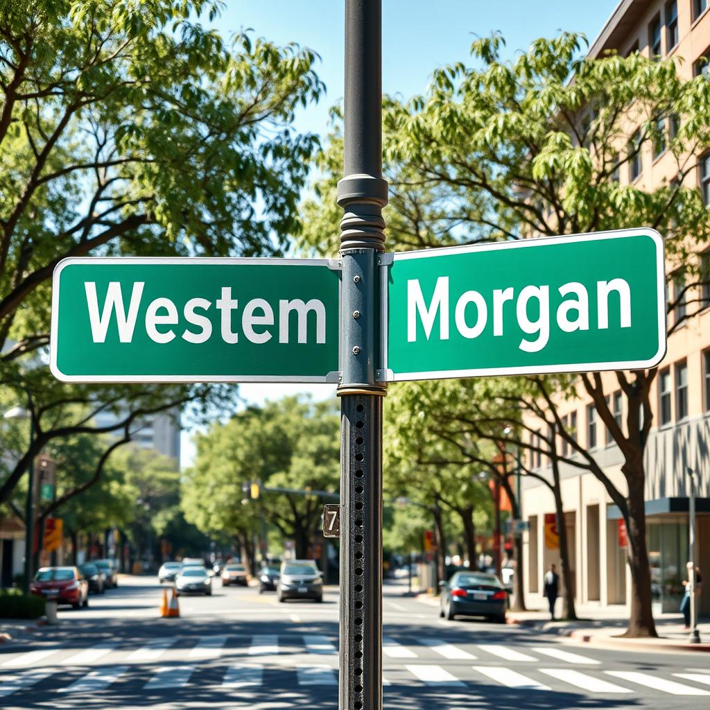 A full view of a green street intersection sign prominently displayed in an urban setting