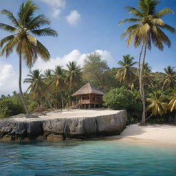 A mesmerizing tropical island, thriving with an ancient tribal civilization. Amid the lush palm trees, mysterious tribal structures and artifacts pepper the landscape, offering a glimpse into the island's rich cultural heritage.