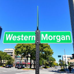 A full view of a green street intersection sign prominently displayed in an urban setting