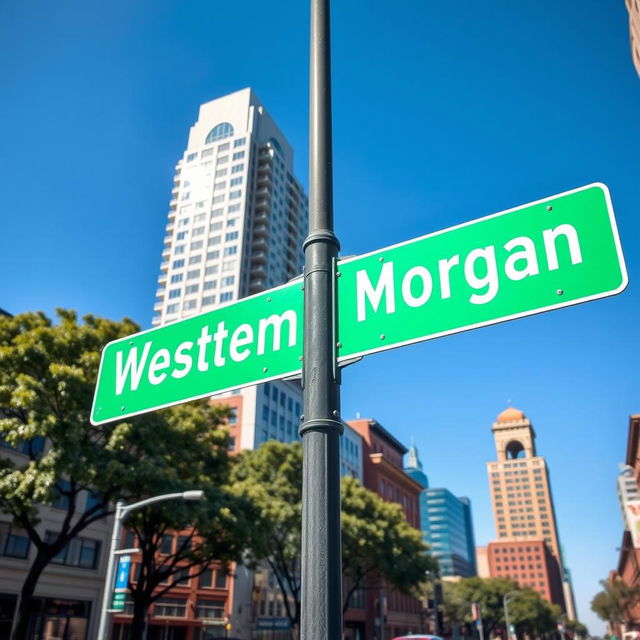 A full view of a green street intersection sign prominently displayed in an urban environment