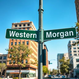 A full view of a green street intersection sign prominently displayed in an urban environment