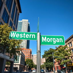 A full view of a green street intersection sign prominently displayed in an urban environment