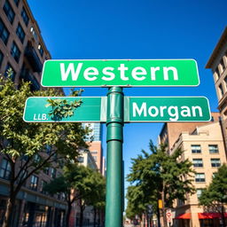 A full view of a green street intersection sign prominently displayed in an urban environment