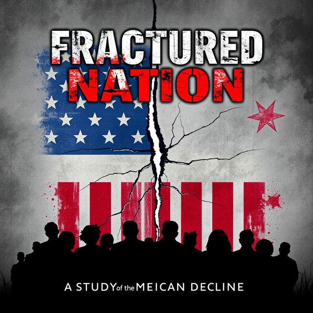 A dramatic and thought-provoking cover design for a Wattpad ebook titled 'Fractured Nation: A Study of American Decline'