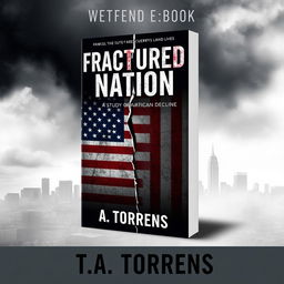 A thought-provoking and analytical ebook cover for a Wattpad book titled "Fractured Nation: A Study of American Decline" by T