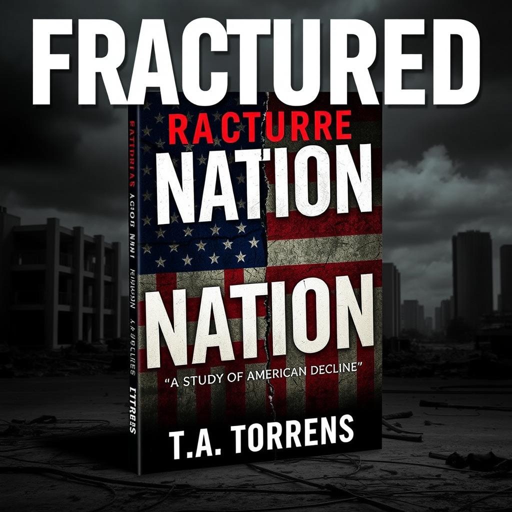 A thought-provoking and analytical ebook cover for a Wattpad book titled "Fractured Nation: A Study of American Decline" by T