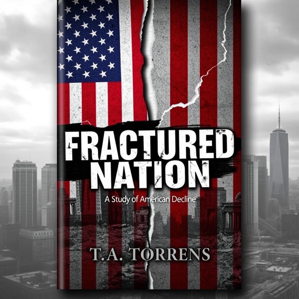 A compelling and thought-provoking ebook cover design for "Fractured Nation: A Study of American Decline" by T